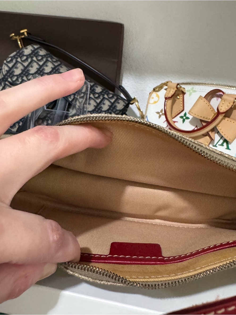 Celine Beige Monogram Canvas Shoulder Bag with Red Trim - Picture 8 of 10